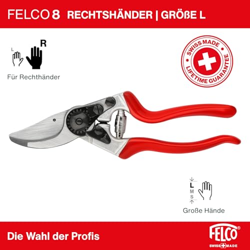 FELCO 8 Bypass-Gartenschere für Rechtshänder, ergonomisch für große Hände, 52 mm Stahlklinge, 25 mm Schnittdurchmesser, Stoßdämpfer, geschmiedete Aluminiumgriffe, abgewinkelter Schneidkopf, Swiss Made