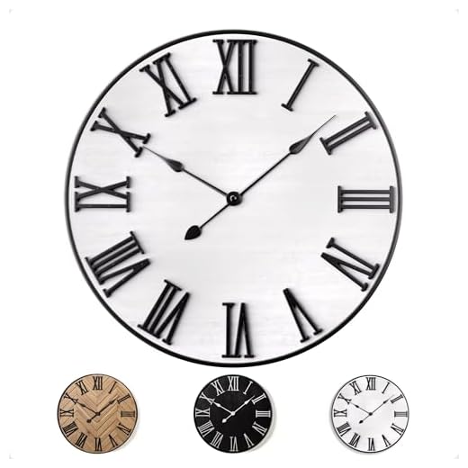 Large Wall Clock 24" Round - Silent Metal & Wood Large Clock - Farmhouse Wall Clock Large - 24 Inch Wall Clock For Living Room Decor - Big Wall Clock Roman Numerals - Wall Clocks For Living Room Decor