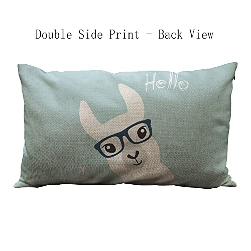 Wozukia Llama Alpaca Throw Pillow Cover With Glasses Hello Greeting Funny Blue Cotton Linen Decorative Rectangular Lumbar Pillowcase For Sofa Bed Couch Car Corridor 12"X20" #TOP1