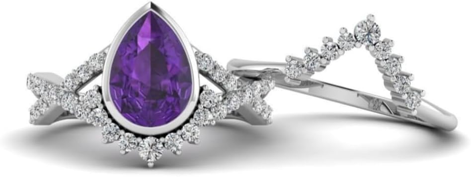Pear Shaped Amethyst Engagement Ring Set Sterling Silver Art Deco Amethyst Bridal Wedding Ring Set Amethyst Anniversary Ring Rose Gold Women