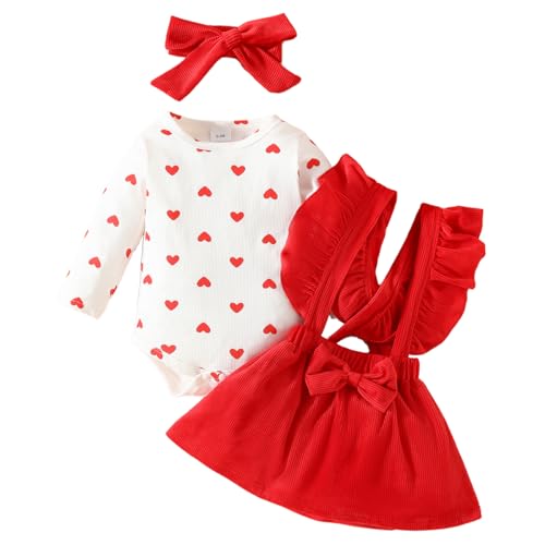 LUVCES Baby Mädchen Rotes Herz Röcke Sets Rüschen Langarm Strampler Top + Overalls Hosenträger Kleid Valentine's Day Kleidung Outfits Rotes Herz 6-12 Monate