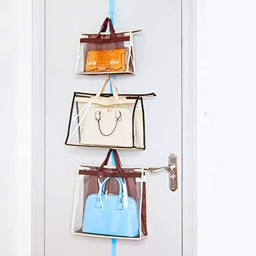 Miniatura 8 de elegante organizador colgante de bolsas para closet, ahorra espacio, soporte de PVC a prueba de polvo con cierre y asa.