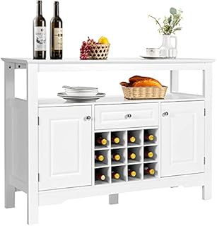 COSTWAY Sideboard with 12 Wine Rack, Freestanding Storage Cabinet with Drawer, 2 Doors, Shelf and 5 Legs, Kitchen Cupboard Buffet for Farmhouse, Dining Room, Living Room (White)
