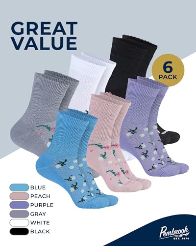 Image of Pembrook Knit Diabetic Socks for Men & Women - 6 Pairs, Wide Non Binding Neuropathy Socks for Women, Smooth Toe Seams