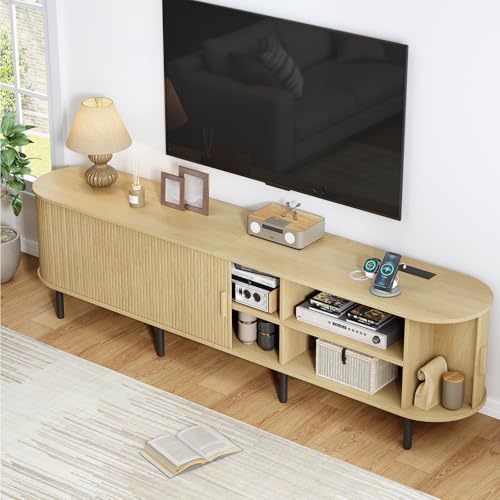 Image of 86.6 inch TV Stand with Power Outlet, Mid-Century Modern Television Stand, Fluted Media Console with Sliding Doors, Entertainment Center for TVs up to 90 Inch, Adjustable Shelves, Oak