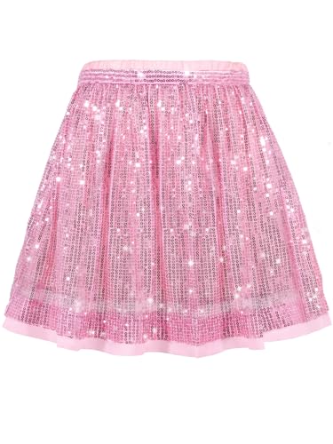 SPFASZEIV Girls Sequin Skirt Pleated Sparkly Skirt Elastic Waist Kids Toddler Glitter Dance Skirts for Party 10-12 Years Pink