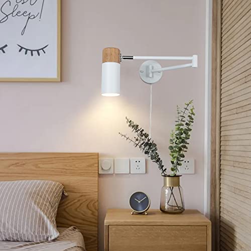 Industrial Swing Arm Wall Lamp Wall Sconce With Plug In Cord, Modern White Finish With Wood Head, E26 Led Wall Lights Adjustable Fixtures For Bedroom Bedside Long Arm Rotation Reading Lamp Spotlight #TOP3