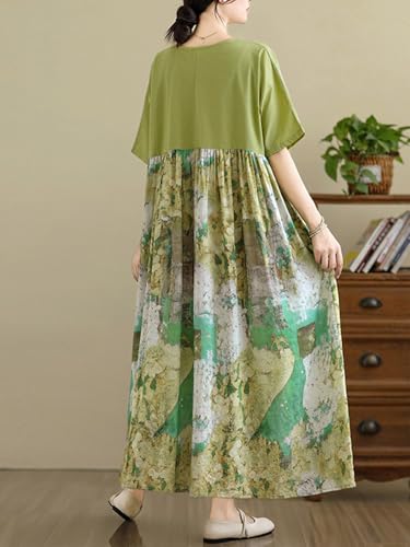 Image of Women's Oversized Dress Plus Size Summer Dress Artsy Print Pathwork | Loose, Oversized Cut Baggy Dresses. O Neck with Pockets. Breathable Viscose Fabric for Summer. Colorful Print Patchwork
