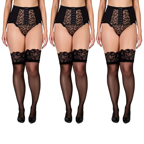 3Pcs Thigh High Stockings, Black Leg Length Stockings Semi Sheer Thigh Highs with Lace Sexy Lingerie Hosiery Pantyhose 30.7 x 7.4in
