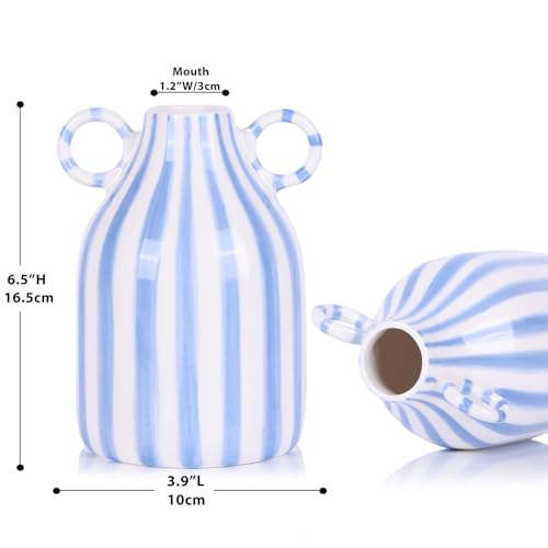 Image of Ceramic Blue and White Striped Vase with Handle, Modern Minimalist Coastal Decor Home for Centerpieces for Tables, Kitchen Office, Bookshelf, Bedroom Aesthetic Decor (A)
