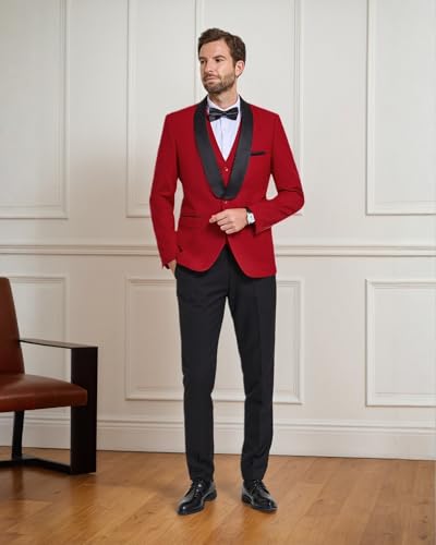 YND Men's 3 Piece Slim Fit Tuxedo Suit Set, One Button Shawl Lapel Solid Blazer, Jacket Vest Pants with Bow Tie3