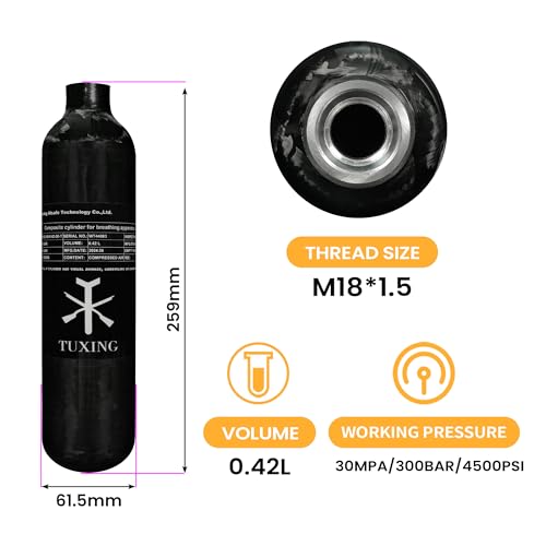 TUXING Carbon Fiber HPA Paintball Tank Air System,0.42L,4500psi Carbon Fiber Air Tank for PCP Paintball Scuba SCBA