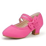 PANDANINJIA Girls Dress Shoes Kids Toddler Heels Mary Jane Pumps Flower Girl Wedding Party Princess Back to School Shoes(Fuchsia Suede 4 M US Big Kid)