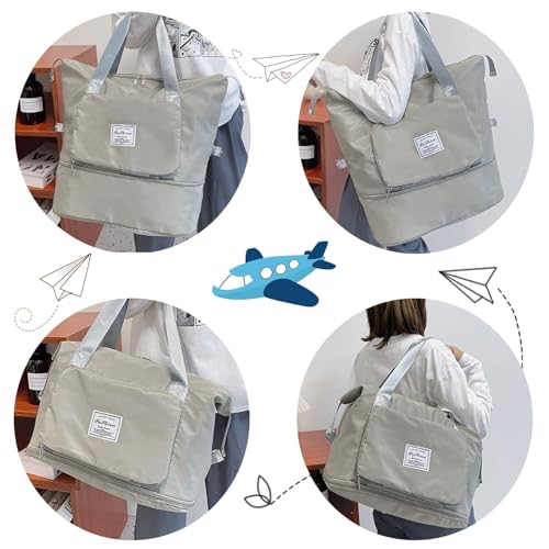 Image of Large Capacity Folding Travel Tote Bag, Oxford Fabric Waterproof Lightweight Foldable Travel Duffel Bag, Portable Expandable Travel Bag, Dry and Wet Separation Carry On Bag for Airplanes (Grey)