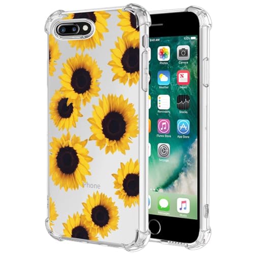 Image of Jhxtech Phone Case for iPhone 7 Plus Case, iPhone 8 Plus, Apple 7 Plus girls women, Slim Shockproof Clear Floral Pattern Soft Flexible TPU Protective Cover for Apple iPhone 7 Plus Sunflower