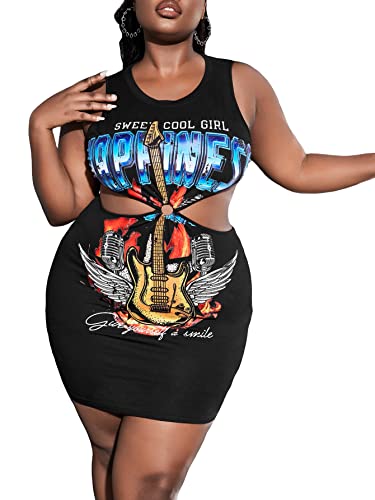 Soly Hux Women's Plus Size Slogan Graphic Graphic Letter Print Sleeveless Cut Out Mini Dress Slim Fit Bodycon Dresses Black Graphic X-Large Plus #TOP25