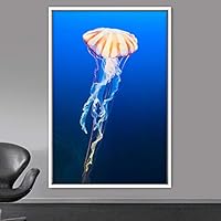 Framed Canvas Wall Art Jellyfish Bedroom Colorful Jellyfish Marine Life Multicolor Neon Photography Tropical - 16x24 inches