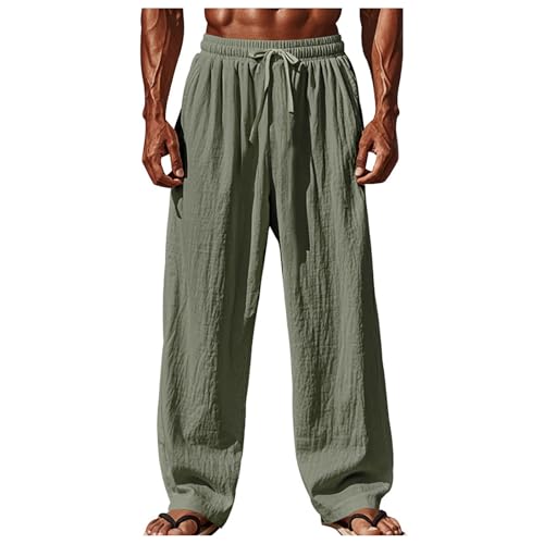Pantalones de lino largos de verano para hombre, de algodón y lino, ligeros, con cordón, cintura elástica, corte holgado, aspecto de lino, pantalones de tela, pantalones de yoga, pierna ancha, tallas