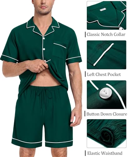 Image of SWOMOG Mens Pajama Set Short Sleeve 2 PCS Sleepwear Button Down Soft Loungewear Modal Set Pj Set with Pockets S-3XL Christmas Green XX-Large