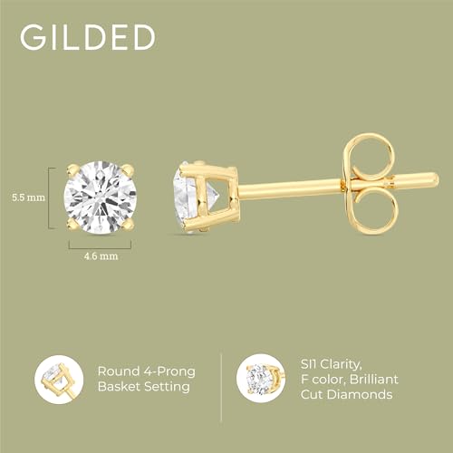 Gilded Lab-Grown Diamond Stud Earrings for Women| 925 Sterling Silver Studs and 14KT Gold 925 Plated Silver | Hypoallergenic Fine Jewelry | 4-Prong Basket, Push Back Nut | Round Cut, SI1 Clarity, F Color | 1/10,1/5,1/4,1/3,3/8,1/2,3/4,7/8,1 Carat Total Weight - Image 5