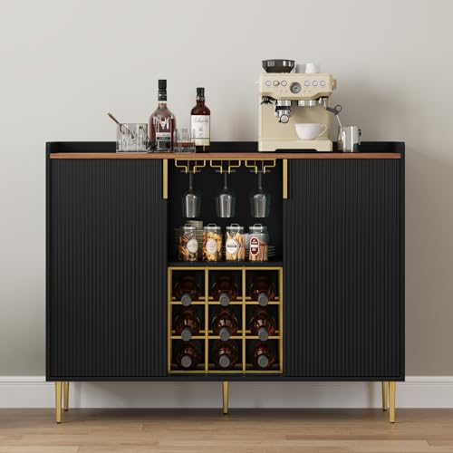 Image of ARTPOWER 48 inch Wine Bar Cabinet with Fluted Texture, Modern Buffet Sideboard with Wine Rack and Glass Holder, Liquor Coffee Station with Storage for Kitchen, Living Room, Home Bar, Black