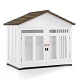 MCombo Wooden Dog House Furniture, Solid Wood Pet Kennel Indoor for Small/Medium Dogs, JD54 (White and Brown, Medium)