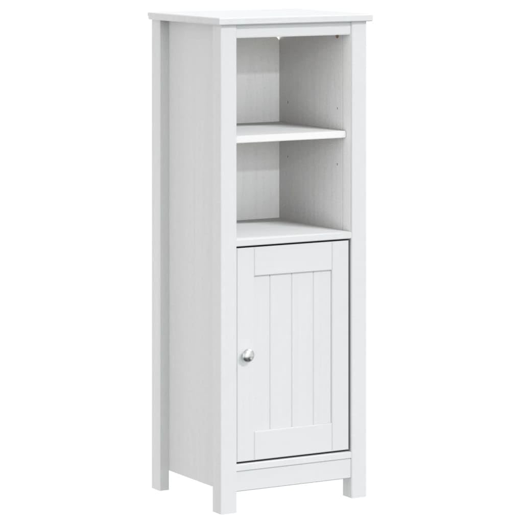 Armario de baño Berg en color blanco de madera maciza de pino, 40 x 34 x 110 cm, armario para medicamentos con 4 estantes y puertas, mueble de baño moderno para baños pequeños, pasillos e