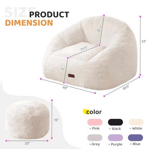 Image of HABUTWAY Bean Bag Chair, Giant Bean Bag Chairs for Adults with Ottoman, Comfy Faux Fur Shell-Shaped Bean Bag Couch, Sofa Chair for Living Room, Bedroom, White