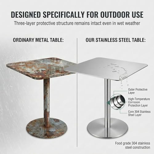 Mesa alta de acero inoxidable con base robusta y diseño elegante circular 8