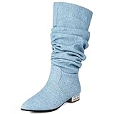 Lizoleor Comfort Low Mid Heel Women Slouch Boots Pointed Toe Block Heel Pull On Fashion Denim Elegant Over The Knee Boots Blue/DL Size 6 UK/40 - Image 1