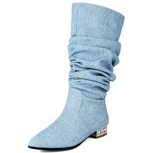 Lizoleor Comfort Low Mid Heel Women Slouch Boots Pointed Toe Block Heel Pull On Fashion Denim Elegant Over The Knee Boots Blue/DL Size 6 UK/40