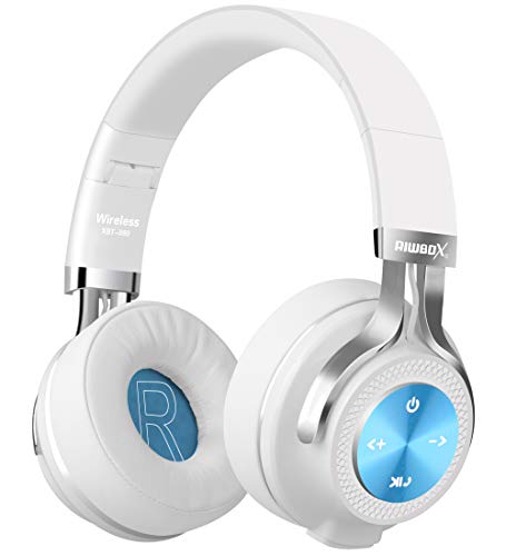 Riwbox XBT-880, cuffie over-ear Bluetooth wireless, pieghevoli, stereo, con microfono, controllo del volume e jack, per iPhone, iPad, PC, cellulari, TV Bianco e blu.