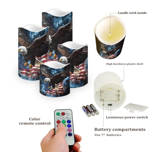 Image of USA Eagle Flag Plastic Flameless Candles with Remote Control and Timer LED Flickering Battery Operated Color Changing Electric Pillar Candles for Table Patriotic Decoration