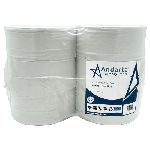 Andarta - 1Ply Jumbo Toilet Rolls with 76mm Core - 390m Per Roll - Pack of 6 High Capacity Toilet Roll - Made from Recycled Materials - Suitable for All Jumbo Dispensers - Bulk Toilet Roll
