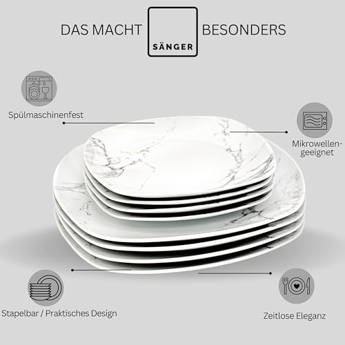 SÄNGER | Tafelservice Bilgola Marmor Weiß, 18-teiliges Geschirrset für 6 Personen mit Suppen-, Dessert- & Speisetellern aus Porzellan, Teller Set, Essgeschirr, Eckig | PREMIUM COLLECTION