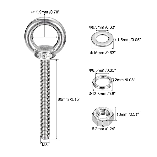 Image of uxcell Lifting Eye Bolt, 2 Sets M8x80mm Eye Bolt with Nut Washer 304 Stainless Steel Shoulder Lifting Ring Eye Bolt for Hanging Item