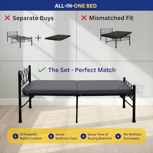 Image of DELITE KOM Mario Foldable Metal Single Bed (6.7x3ft) with Mattress | No Install | 1 Year Warranty | Strong Metal Single Bed, 204.5 cm x 92 cm (6.71 ft x 3.02 ft) (Finish Color - Black