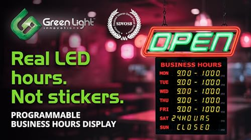 Image of LED Open Sign for Business with Programmable Business Hours - Green Light Innovations Bluetooth App, 4,000+ Color Combos, Flash /Scroll /Neon Modes, 100,000-Hr LEDs, 3-Year Warranty, 15x16.5 in
