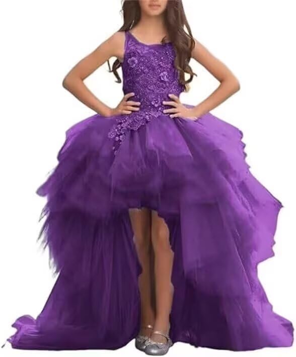 High Low Flower Girl Dresses Ruffle Tulle Pageant Gowns Laces Applique Kids Prom Dresses HA01