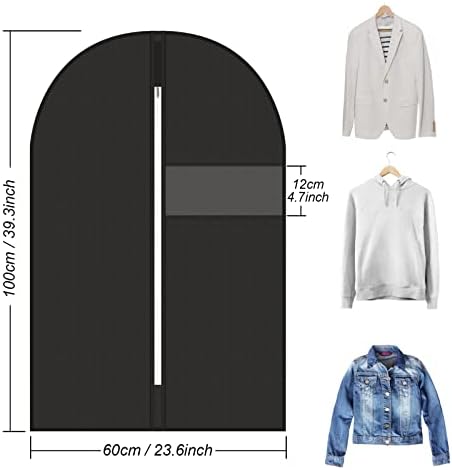 Esyhomi Garment Covers Dustproof Clothes Covers, 5 Pack Coat Bags with Transparent Window Waterproof, Protector Bags for Wardrobe, Travel Garment Bags, Suit, Coat, Jacket, Dress 60 * 100cm (Black)