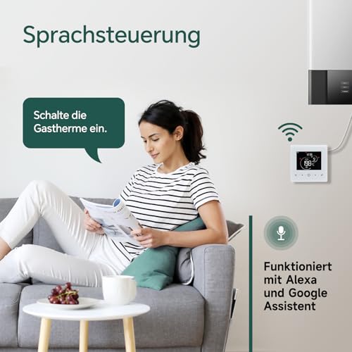 Beok WiFi Thermostat Für Gaskessel, Tuya Smart Raumthermostat Thermostate Heizung Digital LCD-Anzeige Kompatibel mit Alexa Google Assistant, Batteriebetrieben, Aufputz BOT-R9V-WIFI Weiß