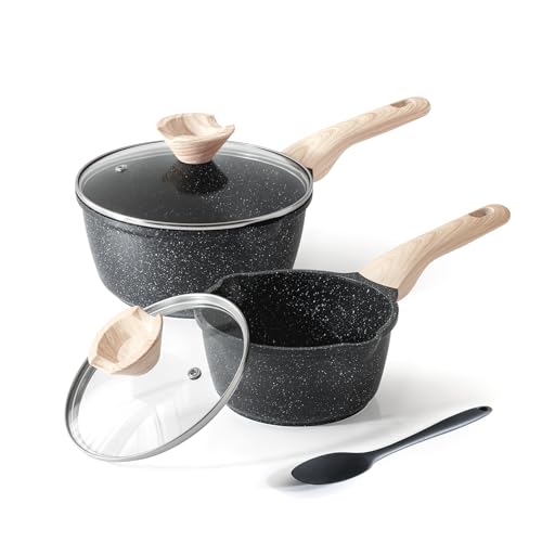 Kordisen Set de Casseroles avec Couvercles, 16 cm et 20 cm, Revêtement en Granit, Double Bec Verseur, Faciles à Nettoyer, Compatible avec les Plats de...
