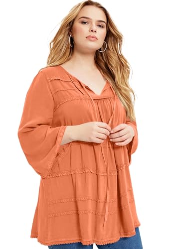 June + Vie Women's Plus Size Acid Wash Peasant Blouse