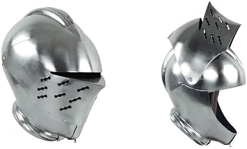 Medieval Battle Ready Armet Helmet, Steel Construction, Silver, X-Large, SCA LARP Warrior Style
