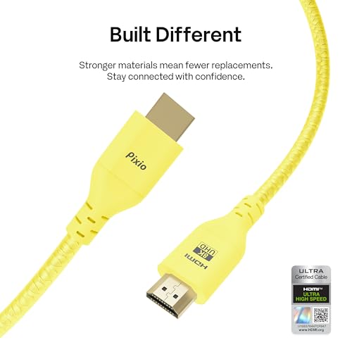 Image of Pixio Yellow 8K HDMI 2.1 Cable Ultra Certified Ultra High Speed 10FT 8K 60Hz 4K 120Hz Nylon Braided Gold Plated Connector Anti-Breakage HDR10+ DTS eARC HDCP Dolby Compatible