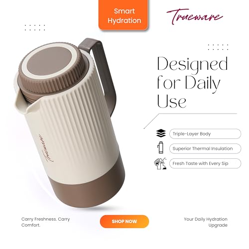Image of Trueware Amaze ISI Certified Inner Steel Thermoware 1000 ML Hot & Cold Flask Jug, BPA Free, Leak Proof, Ideal for Tea, Coffee, Water, Hot and Cold Beverages