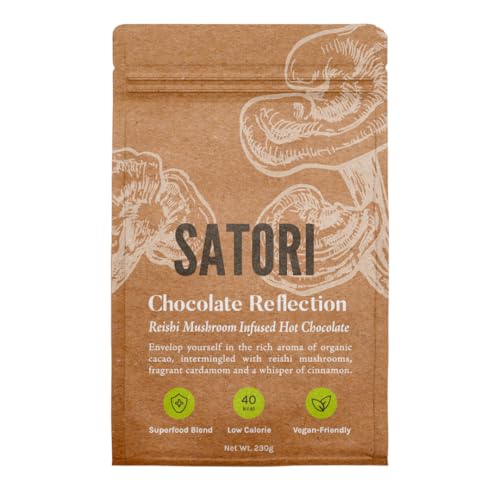 Satori Chocolate Reflection - Organic Reishi Mushroom Hot Chocolate Powder with Ceremonial Cacao, Adaptogen for Calm, Sleep & Immune Support, Vegan, Low Calorie, 20 Servings