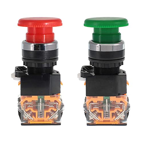 Shopcorp Mushroom Head Emergency Push Button, Spring Return (1 Green And 1 Red) - Includes Switch Control Station Box, 22Mm Double Push Button Hole, Dustproof And Waterproof, 1No/1Nc, Abs Material #TOP5
