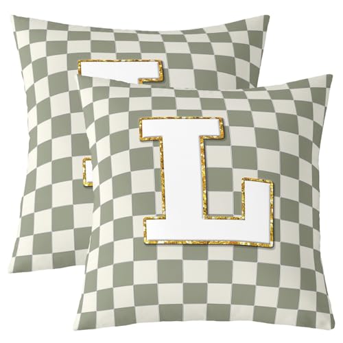 Image of Erosebridal Sage Green Checkered Throw Pillow Covers 22x22 Set of 2 Plaid Initial L Pillow Covers Personalized Monogram Cushion Cover Fashion Grids Gingham Pillow Cases for Couch Sofa