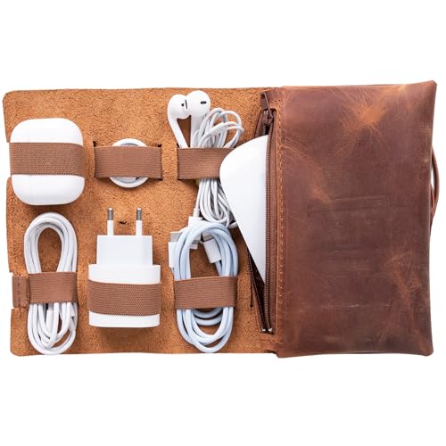 HARDISTON Custom Genuine Leather Electronic Cable Organizer Bag Handmade Travel Cord Organizer Roll Case for Hard Drives, Cables, Charger, Phone, USB, SD Card (Medium - Brown)